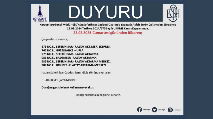 Eshot uyardı: Seferihisar otobüsleri için geçici durak iptali