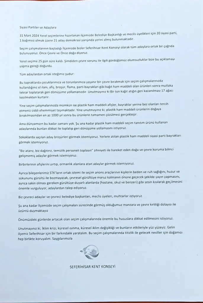 Seferihisar Kent Konseyi’nden adaylara çağrı: Önce doğa sevgisi...
